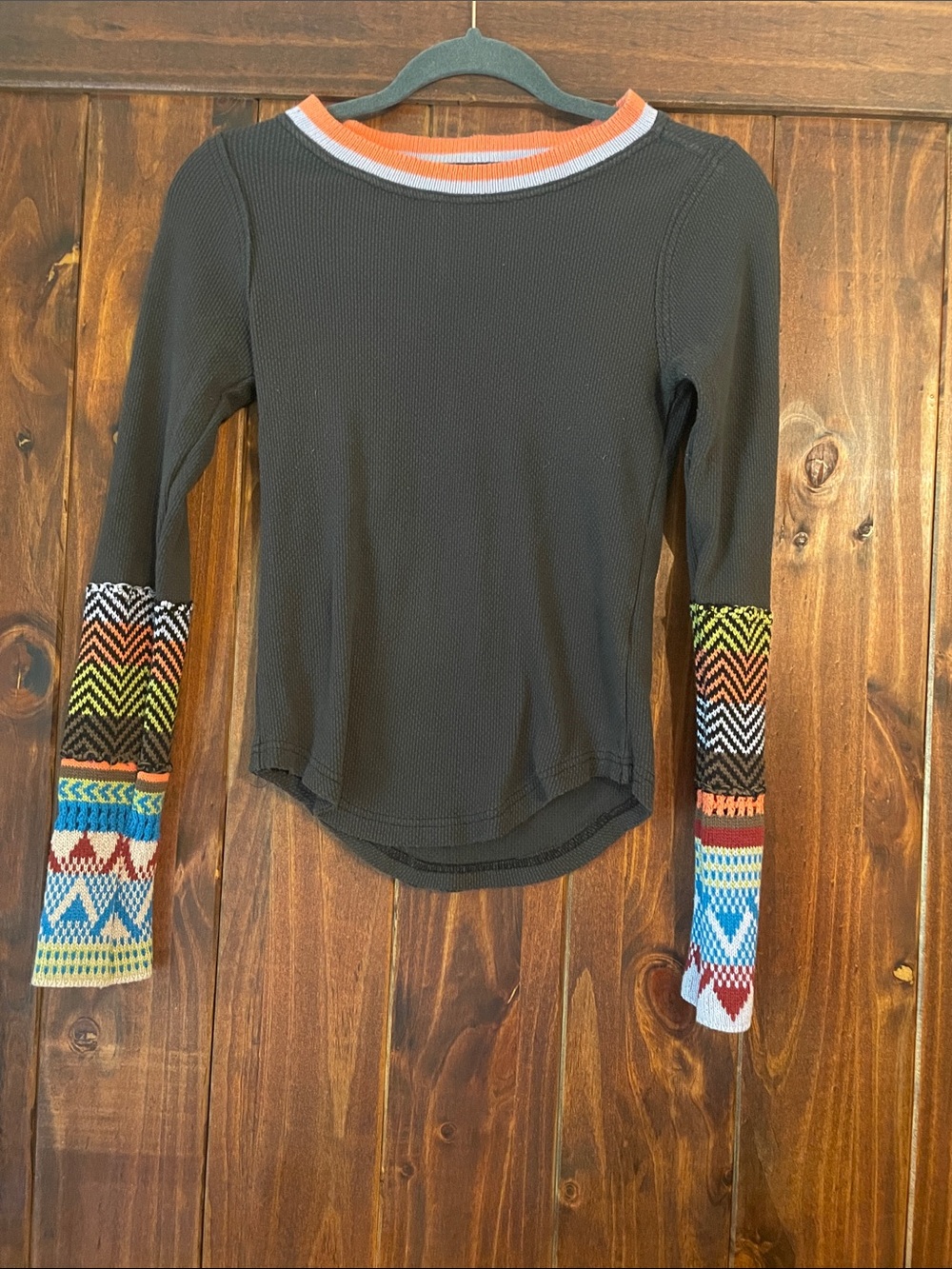 We The Free Black Long-Sleeve Top with Multicolor Patterned Sweater Cuffs